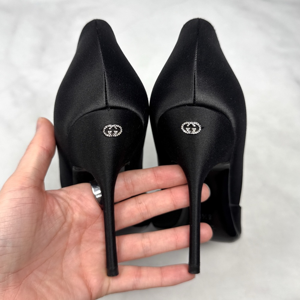 GUCCI Vintage Y2K Silk Satin GG Crystal Embellished Stiletto Heel Pumps Black - Picture 5 of 16